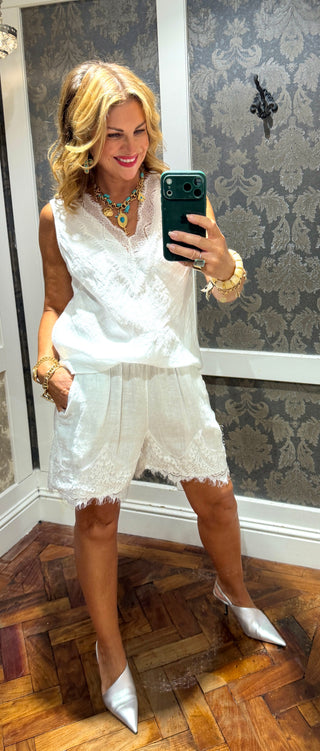Leah White Linen Set Lace Trim