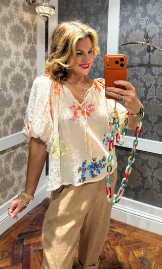 India Cotton Embroidered Blouse -Cream