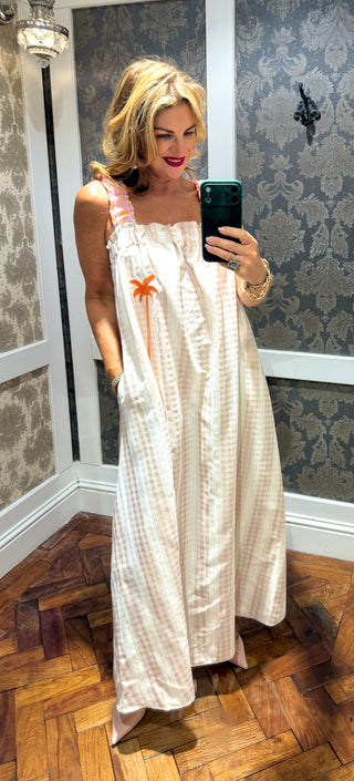 Susie Stripe Palm Maxi Cotton Dress -Beige White