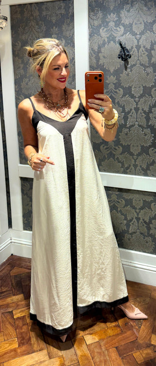 Alba Maxi Brown Trim  Dress -Beige